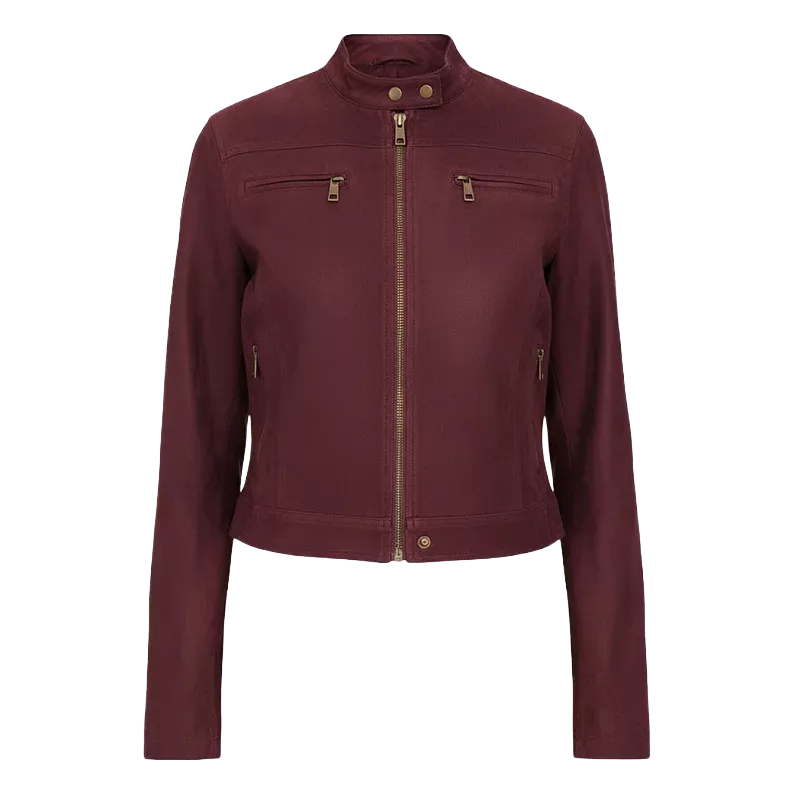 Blouson court en cuir bordeaux pour femme – Style motard zippé classique