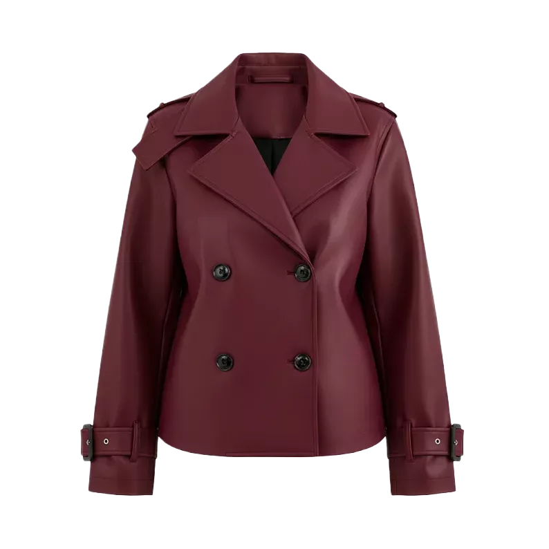 Women’s Burgundy Leather Trench-Style Jacket