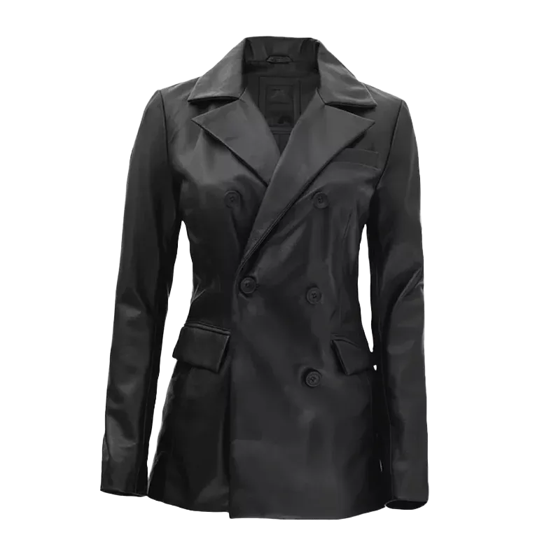 Women’s Leather Blazer Jacket – Black Double-Breasted Style