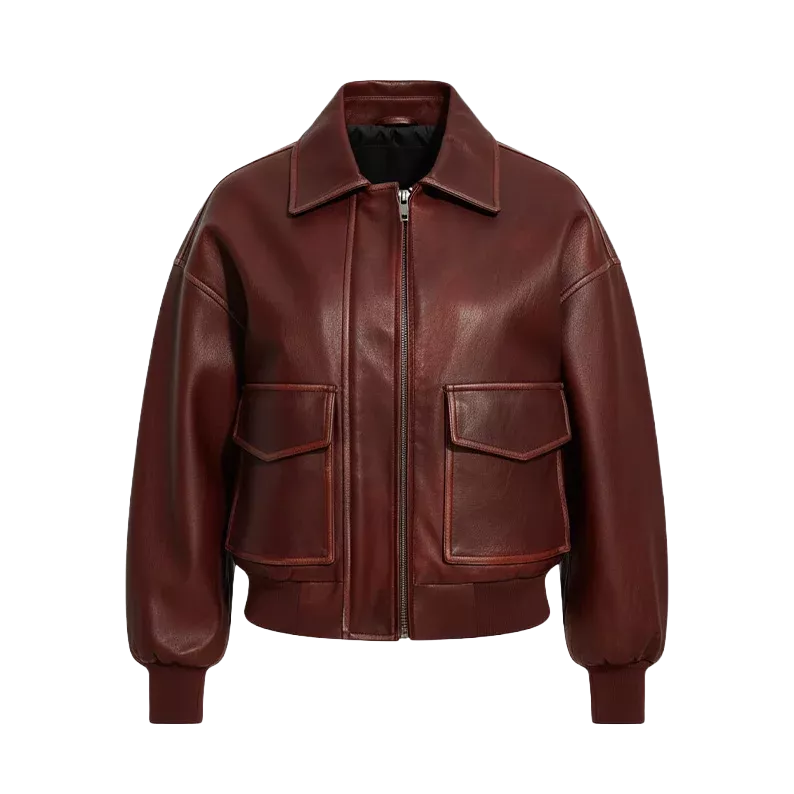 Blouson bombardier oversize zippé en similicuir marron pour femme