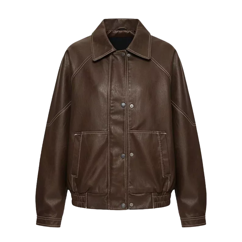 Blouson bombardier oversize en similicuir marron pour femme – Manteau zippé