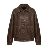 Blouson bombardier oversize en similicuir marron pour femme – Manteau zippé