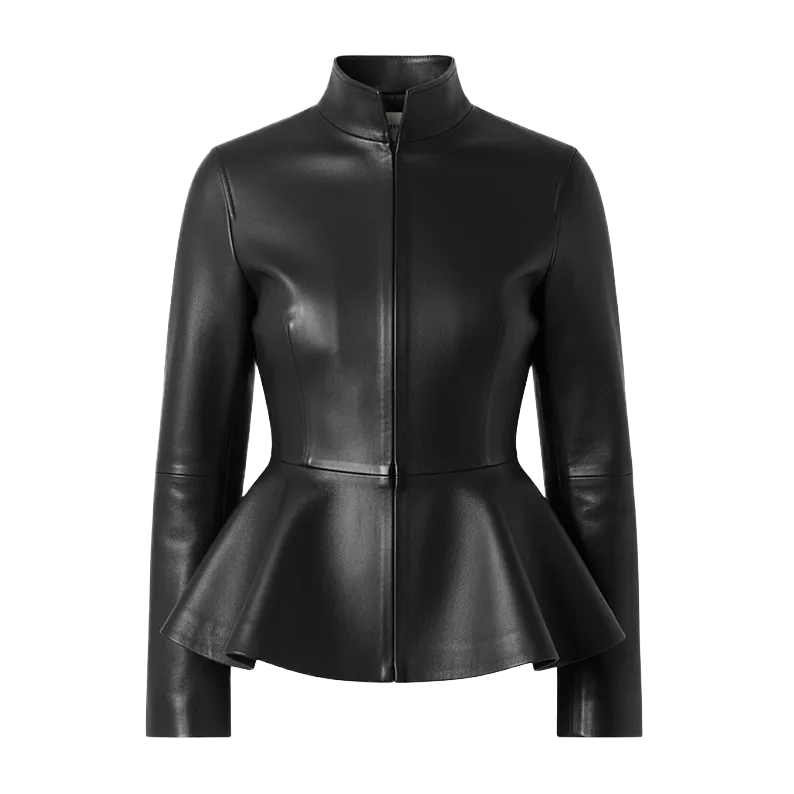 Veste Peplum en Cuir Premium pour Femme – Silhouette Ajustée à Col Montant
