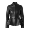 Women’s Premium Leather Peplum Jacket – High-Neck Tailored Silhouette