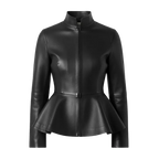 Women’s Premium Leather Peplum Jacket – High-Neck Tailored Silhouette