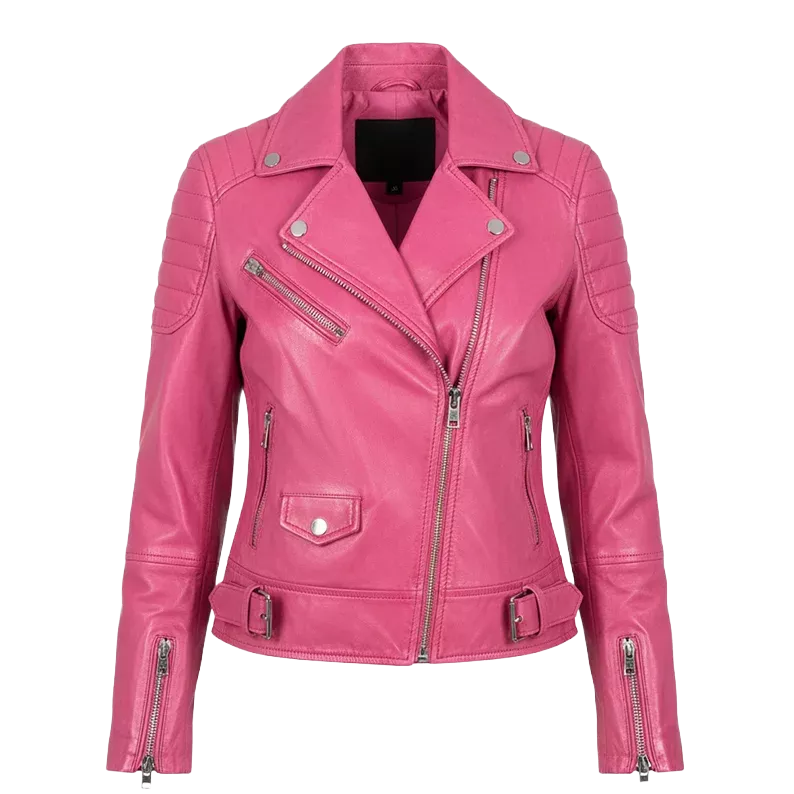Blouson de moto en cuir rose matelassé pour femme – Style motard coupe slim
