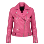 Women’s Quilted Pink Leather Motorcycle Jacket – Slim Fit Biker Style
