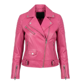 Blouson de moto en cuir rose matelassé pour femme – Style motard coupe slim
