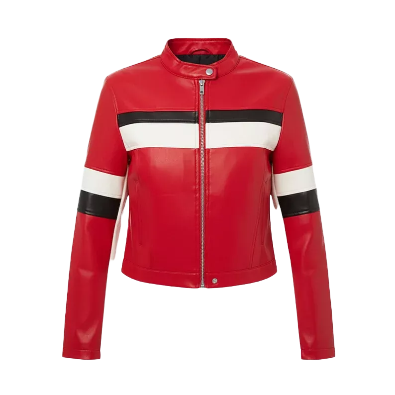 Damen Kurze Kunstleder-Motorradjacke Rot – Stehkragen-Stil