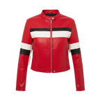 Women’s Red Cropped Moto Faux Leather Jacket – Stand Collar Style