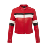 Damen Kurze Kunstleder-Motorradjacke Rot – Stehkragen-Stil