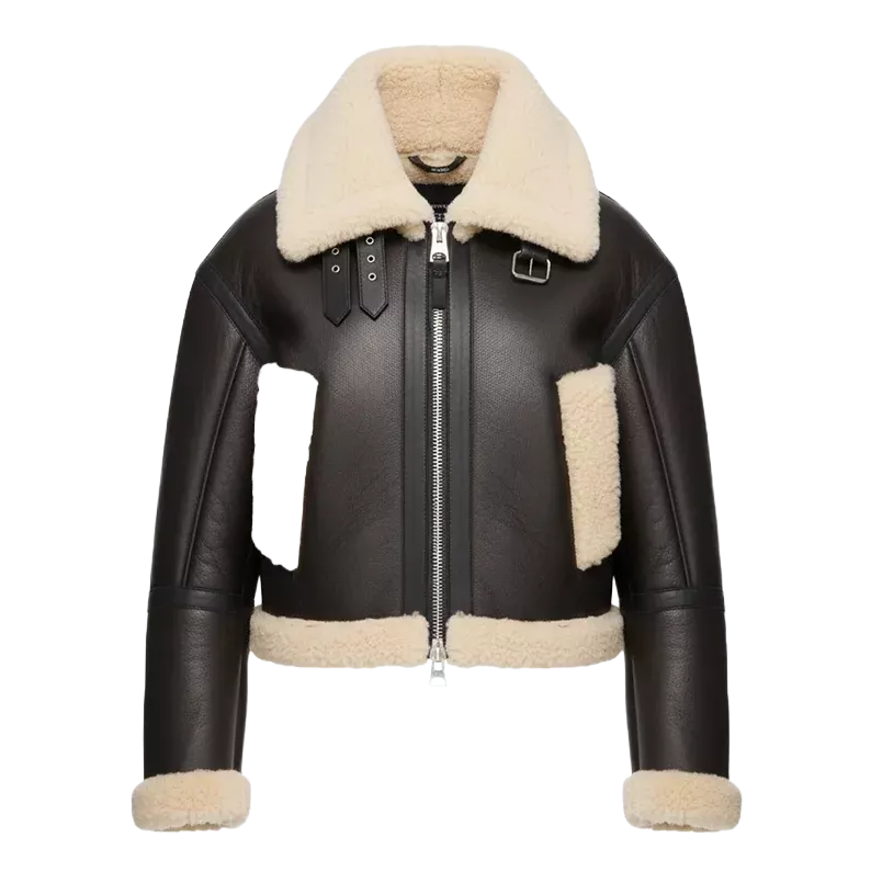 Damen Lederjacke mit Lammfellkragen – Wintermantel in Schokobraun