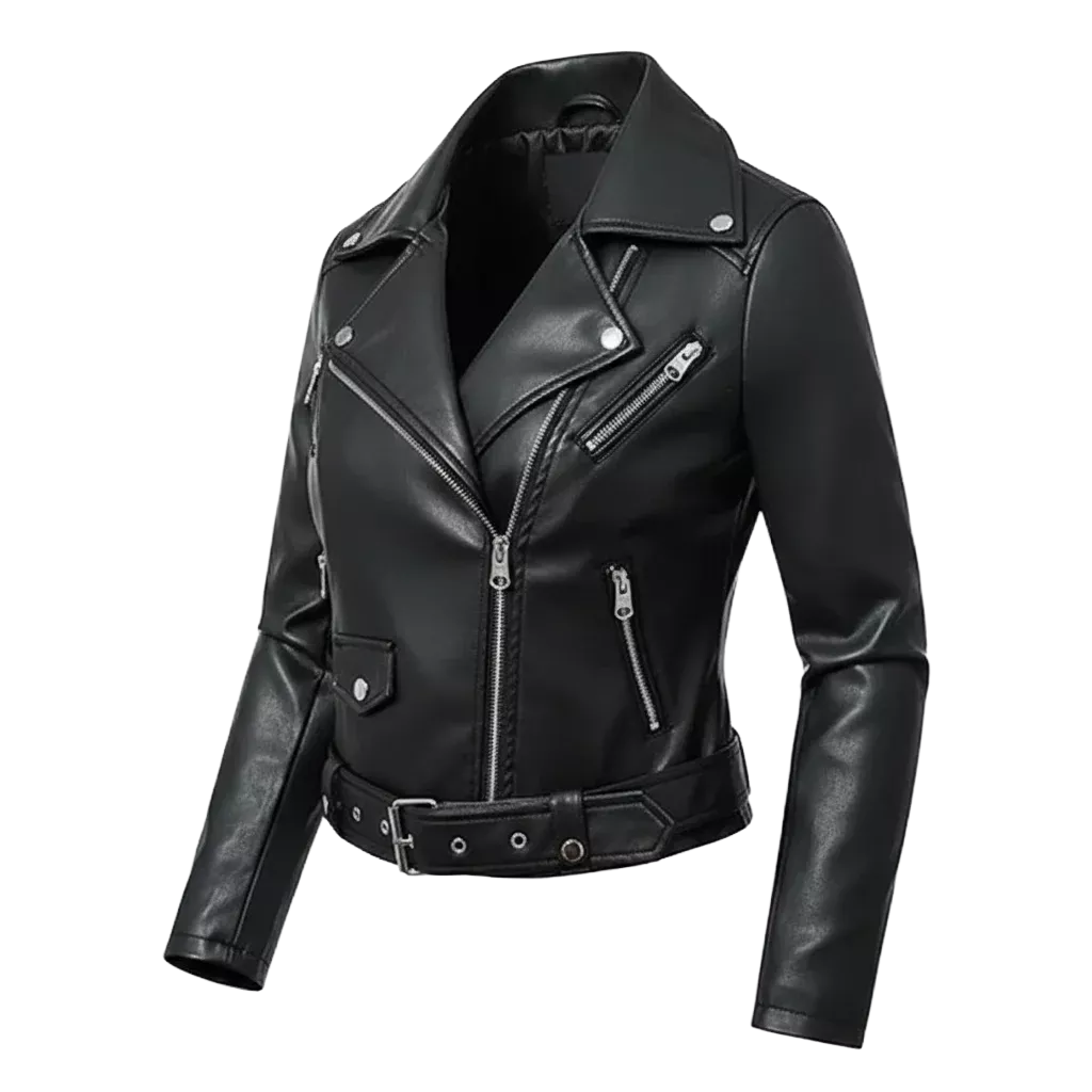 Damen Slim Fit Kunstleder Moto Bikerjacke mit Verstellbarem Gürtel und Reißverschluss-Detail