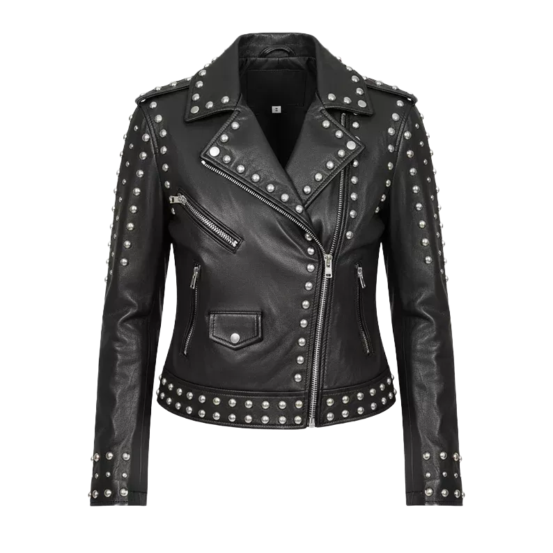 Blouson en cuir clouté de motard pour femme – Style moto noir