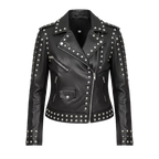 Women’s Studded Biker Leather Jacket – Black Moto Style