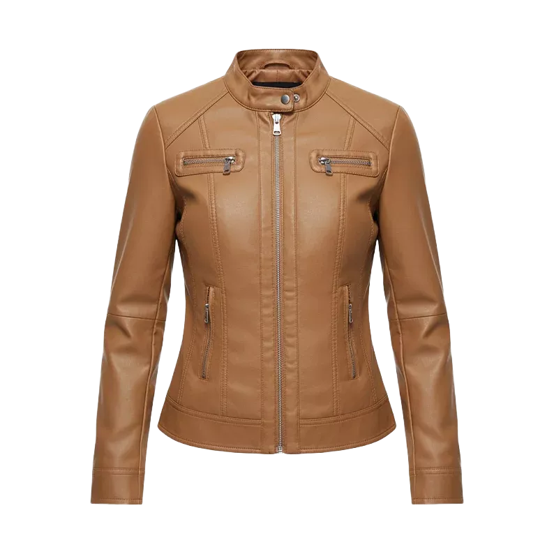 Veste en cuir marron clair pour femme – Style motard à fermeture éclair avant