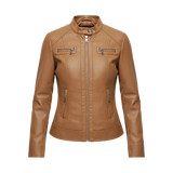 Veste en cuir marron clair pour femme – Style motard à fermeture éclair avant