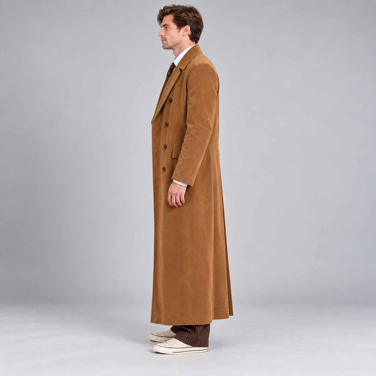 Men's Camel Brown Double Breasted Long Coat – Cotton Ankle Length Overcoat with Wide Notched Lapels, Vintage Inspired