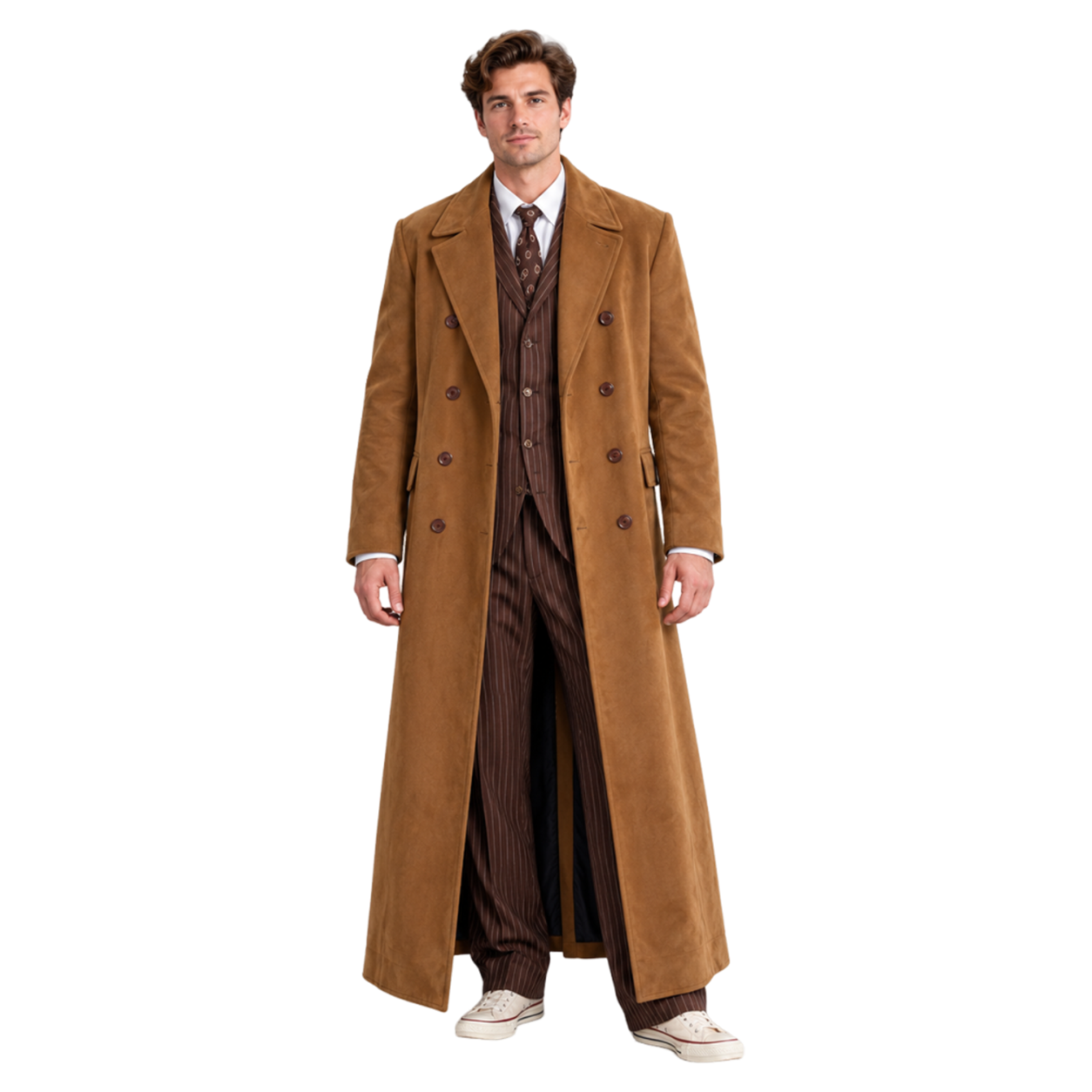Men's Camel Brown Double Breasted Long Coat – Cotton Ankle Length Overcoat with Wide Notched Lapels, Vintage Inspired