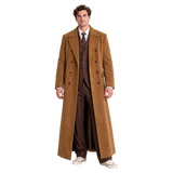 Men's Camel Brown Double Breasted Long Coat – Cotton Ankle Length Overcoat with Wide Notched Lapels, Vintage Inspired