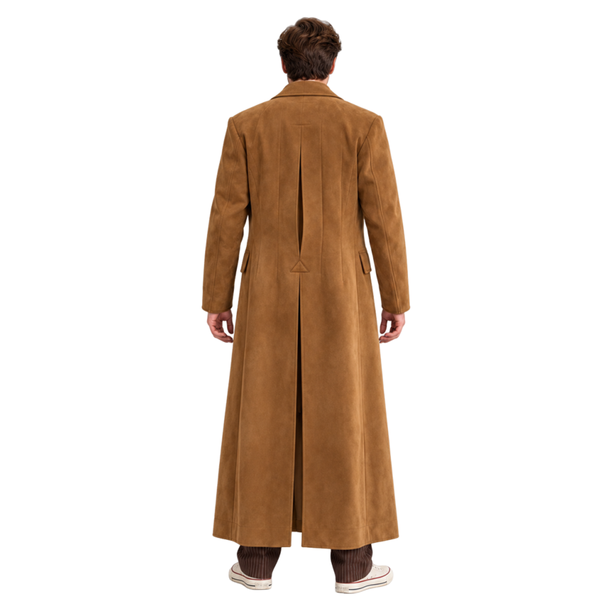 Men's Camel Brown Double Breasted Long Coat – Cotton Ankle Length Overcoat with Wide Notched Lapels, Vintage Inspired
