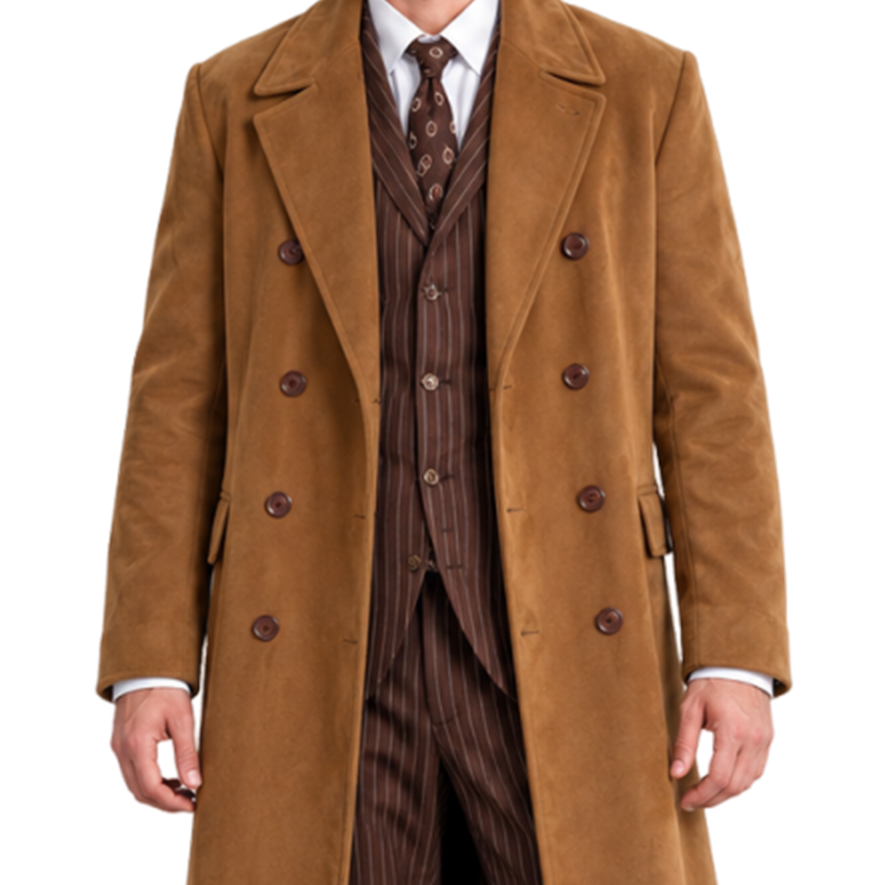 Men's Camel Brown Double Breasted Long Coat – Cotton Ankle Length Overcoat with Wide Notched Lapels, Vintage Inspired
