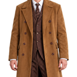 Men's Camel Brown Double Breasted Long Coat – Cotton Ankle Length Overcoat with Wide Notched Lapels, Vintage Inspired