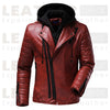 Men’s Red Moto Leather Jacket with Removable Hoodie – Quilted Biker Style