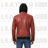 Men’s Red Moto Leather Jacket with Removable Hoodie – Quilted Biker Style