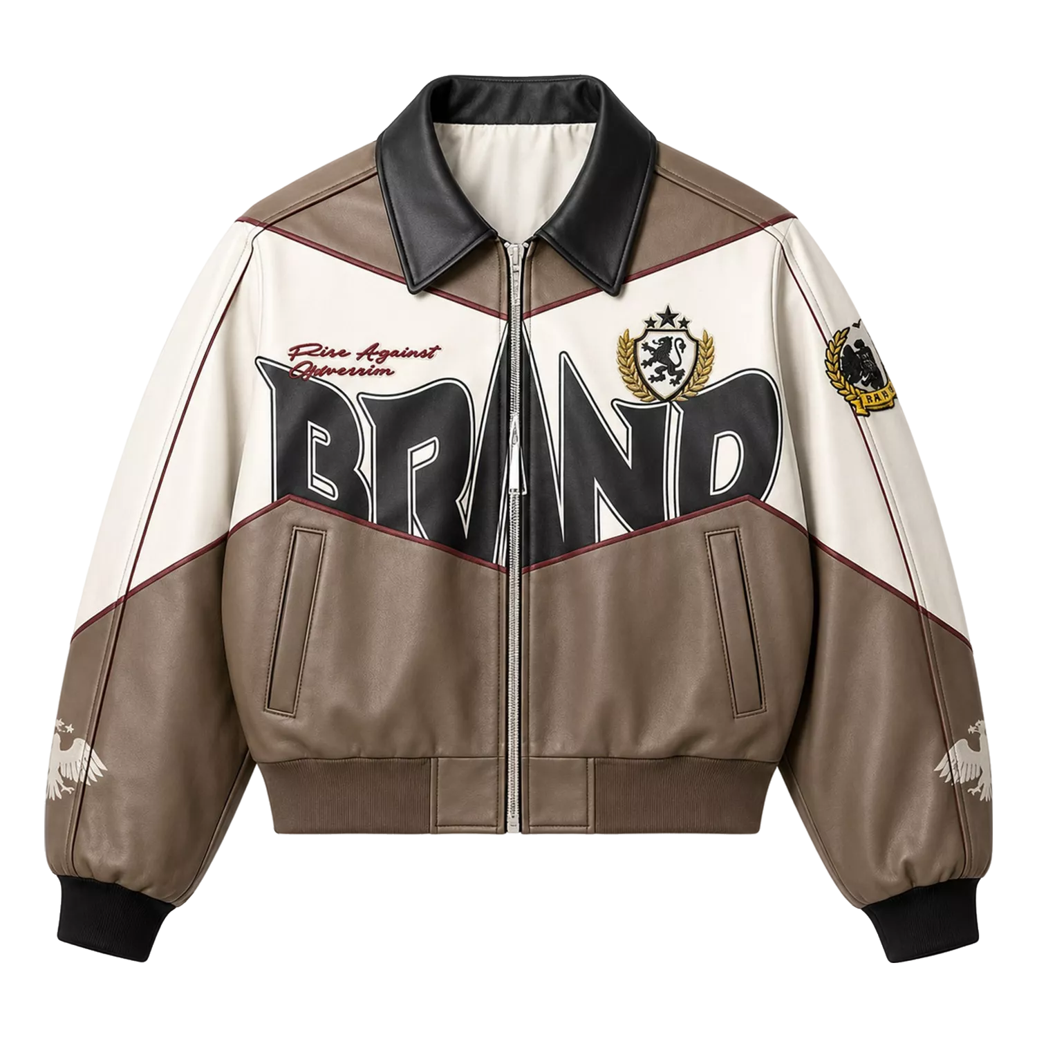 Men’s Beige Colorblock Graphic Leather Bomber Jacket | Streetwear Zip Jacket