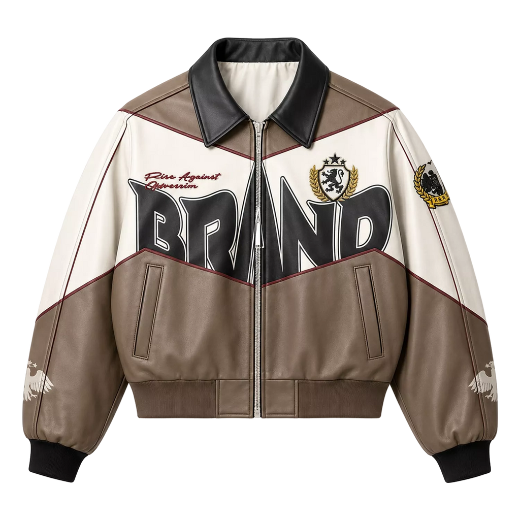 Men’s Beige Colorblock Graphic Leather Bomber Jacket | Streetwear Zip Jacket
