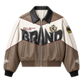Men’s Beige Colorblock Graphic Leather Bomber Jacket | Streetwear Zip Jacket