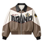 Men’s Beige Colorblock Graphic Leather Bomber Jacket | Streetwear Zip Jacket