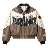 Men’s Beige Colorblock Graphic Leather Bomber Jacket | Streetwear Zip Jacket