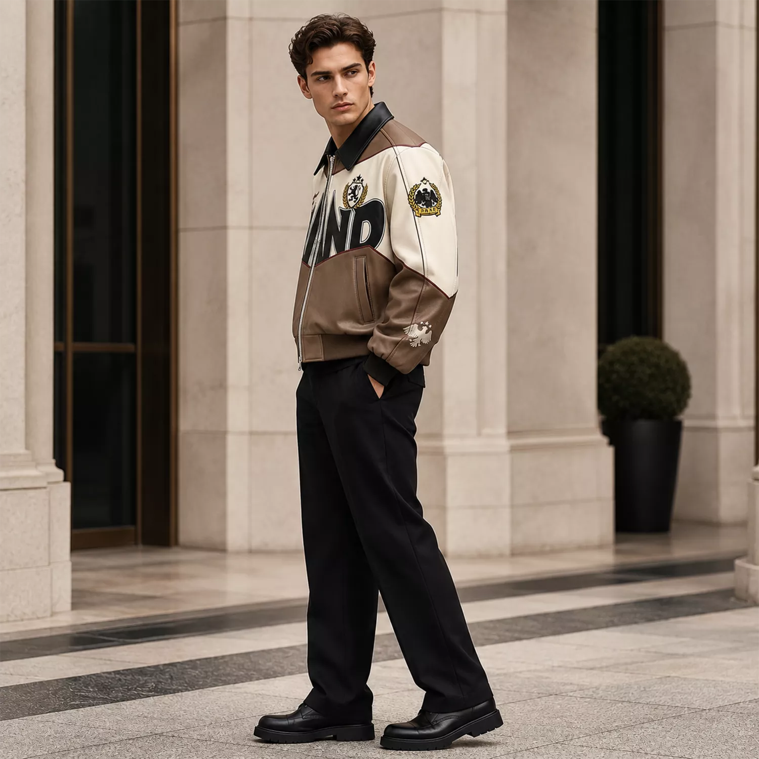 Men’s Beige Colorblock Graphic Leather Bomber Jacket | Streetwear Zip Jacket