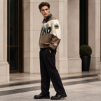 Men’s Beige Colorblock Graphic Leather Bomber Jacket | Streetwear Zip Jacket
