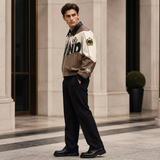 Men’s Beige Colorblock Graphic Leather Bomber Jacket | Streetwear Zip Jacket