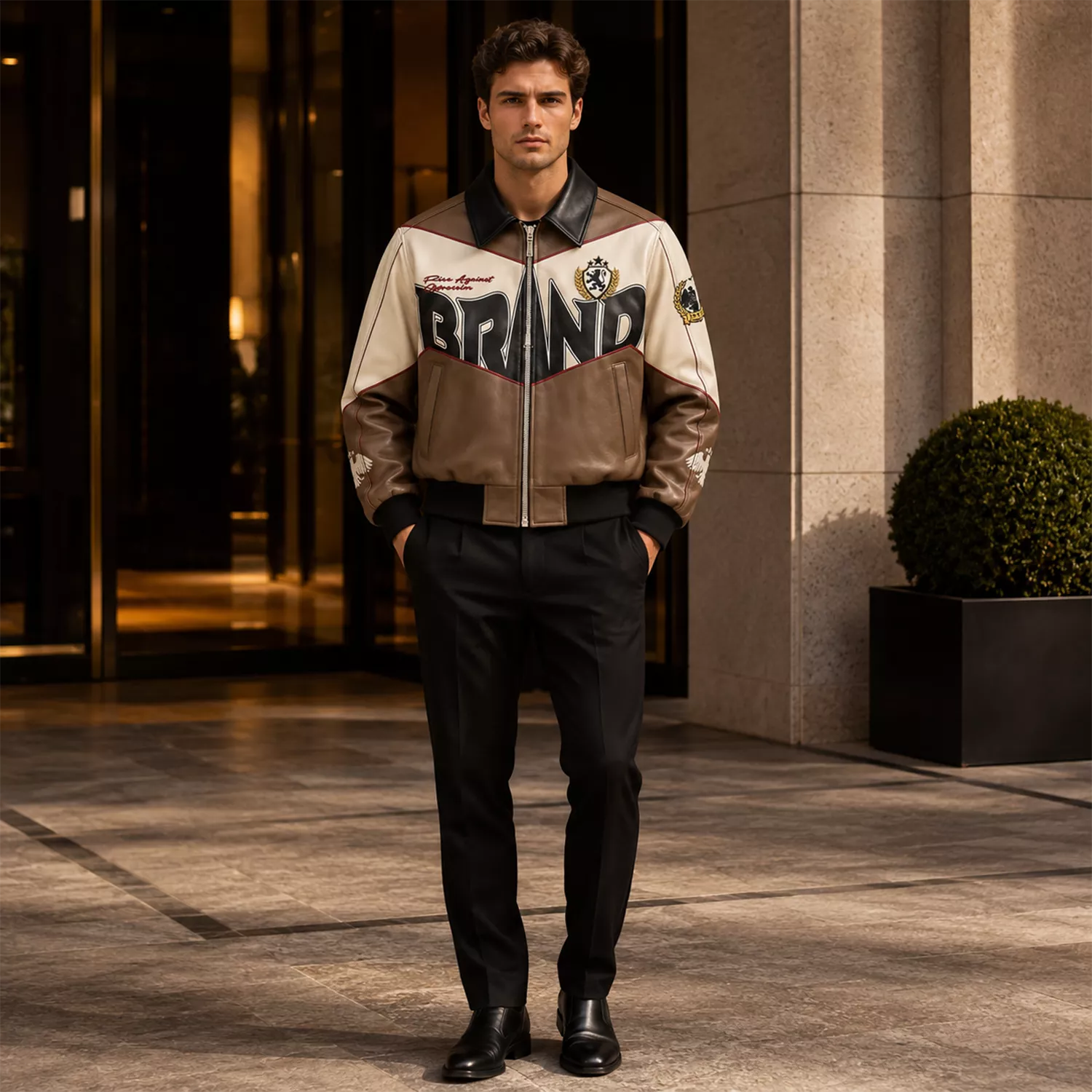 Men’s Beige Colorblock Graphic Leather Bomber Jacket | Streetwear Zip Jacket