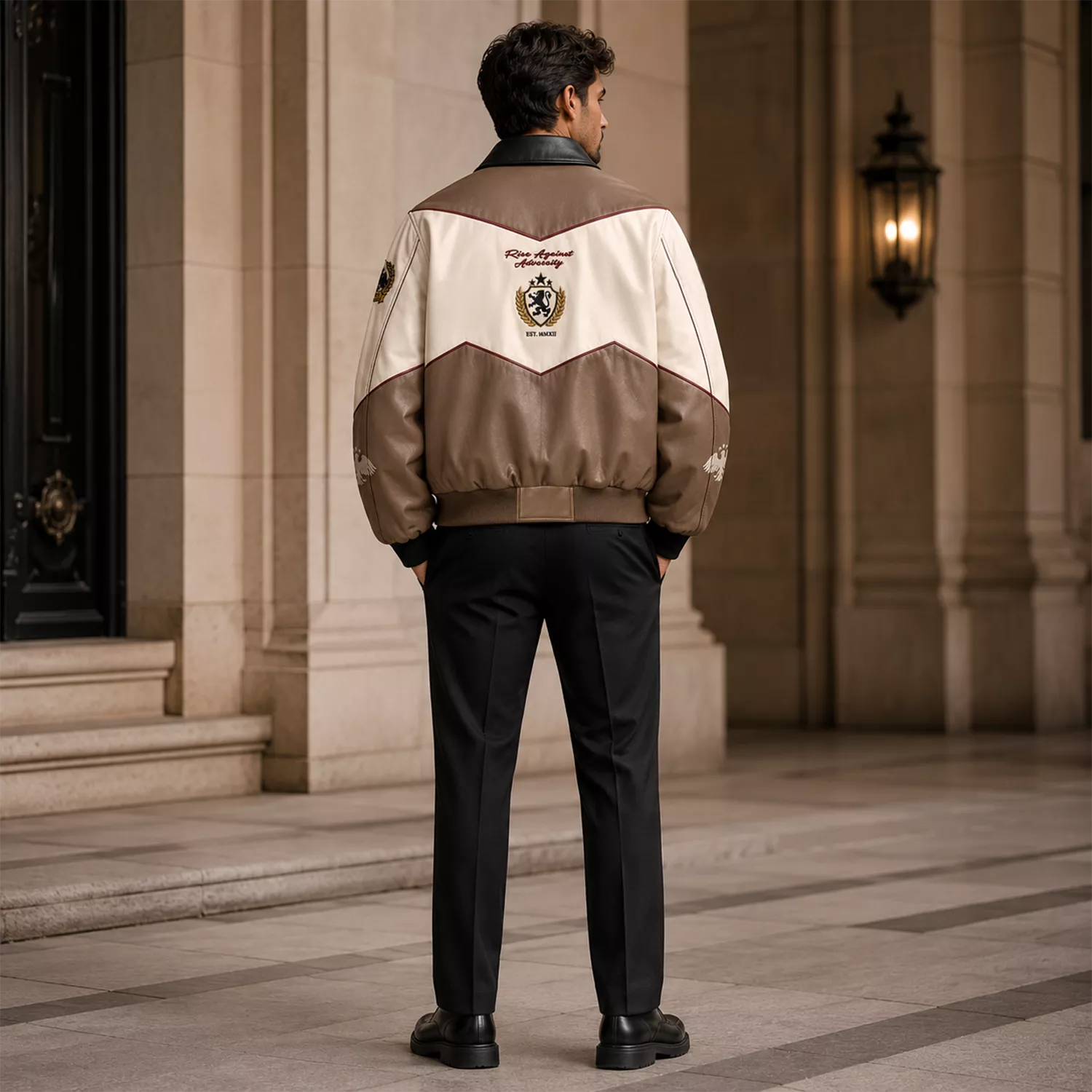 Men’s Beige Colorblock Graphic Leather Bomber Jacket | Streetwear Zip Jacket