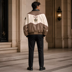 Men’s Beige Colorblock Graphic Leather Bomber Jacket | Streetwear Zip Jacket