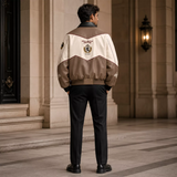 Men’s Beige Colorblock Graphic Leather Bomber Jacket | Streetwear Zip Jacket