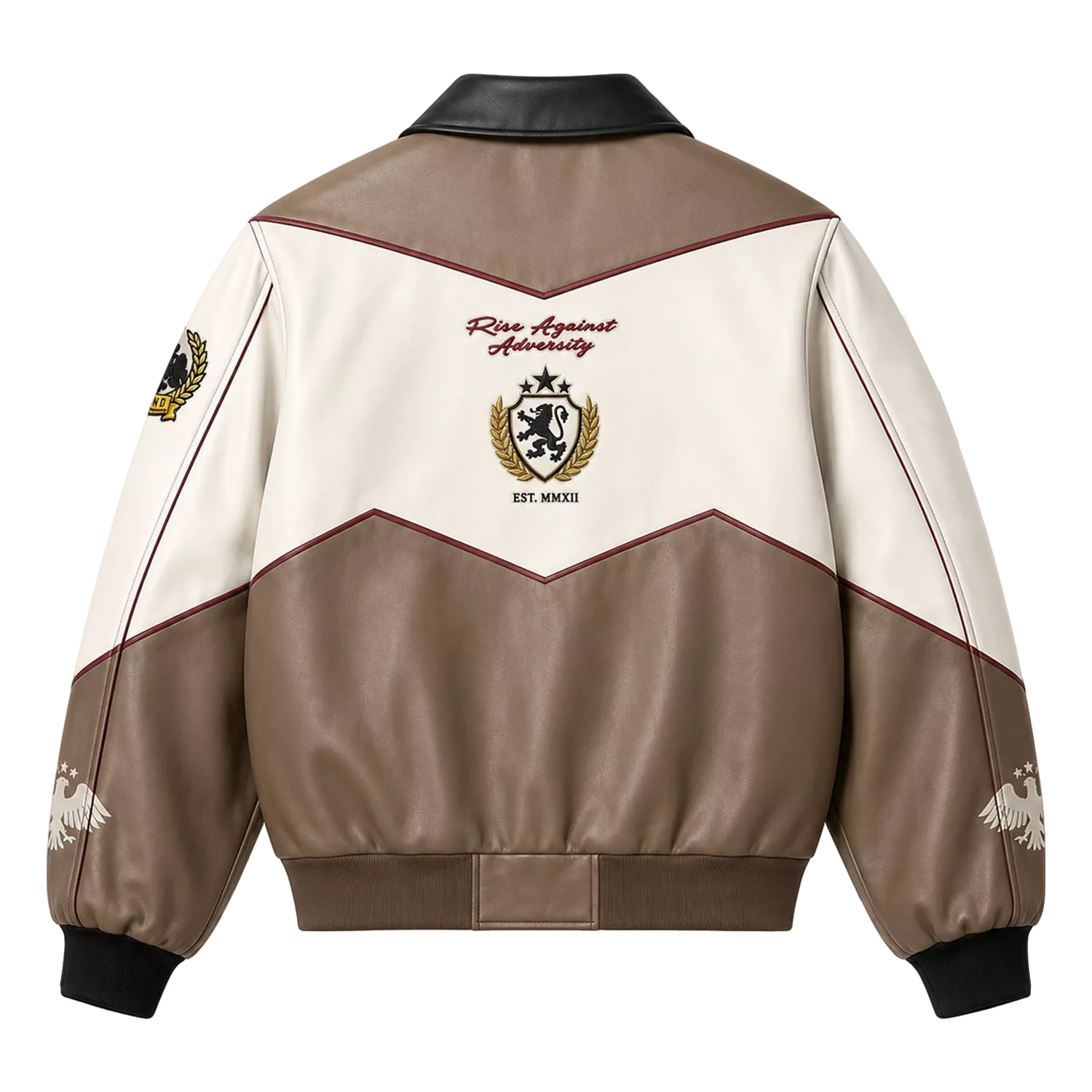 Men’s Beige Colorblock Graphic Leather Bomber Jacket | Streetwear Zip Jacket