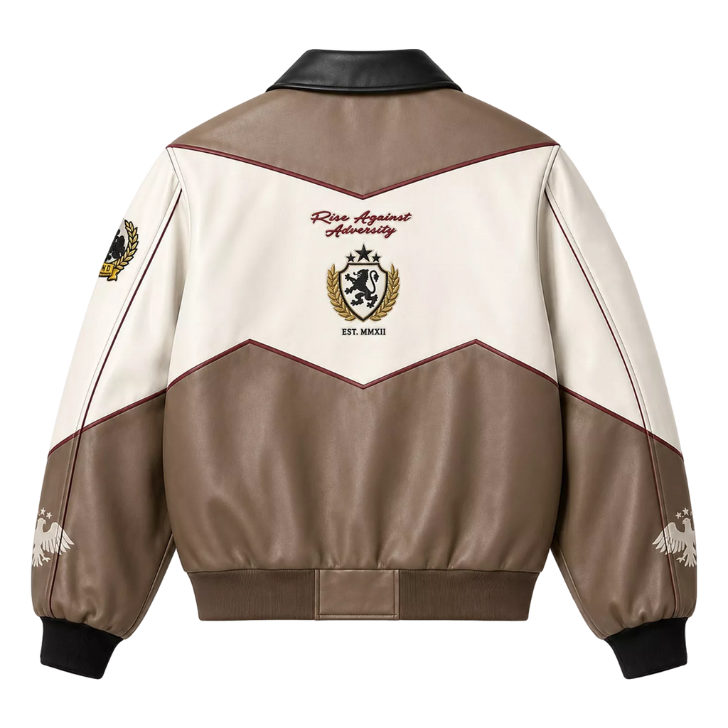 Men’s Beige Colorblock Graphic Leather Bomber Jacket | Streetwear Zip Jacket