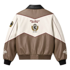 Men’s Beige Colorblock Graphic Leather Bomber Jacket | Streetwear Zip Jacket