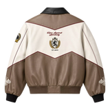Men’s Beige Colorblock Graphic Leather Bomber Jacket | Streetwear Zip Jacket