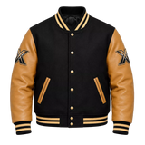 Men’s Black & Tan Varsity Bomber Jacket | Leather Sleeve Letterman Jacket