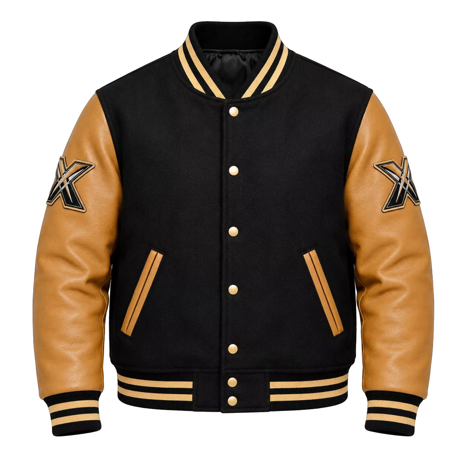 Men’s Black & Tan Varsity Bomber Jacket | Leather Sleeve Letterman Jacket