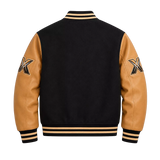 Men’s Black & Tan Varsity Bomber Jacket | Leather Sleeve Letterman Jacket