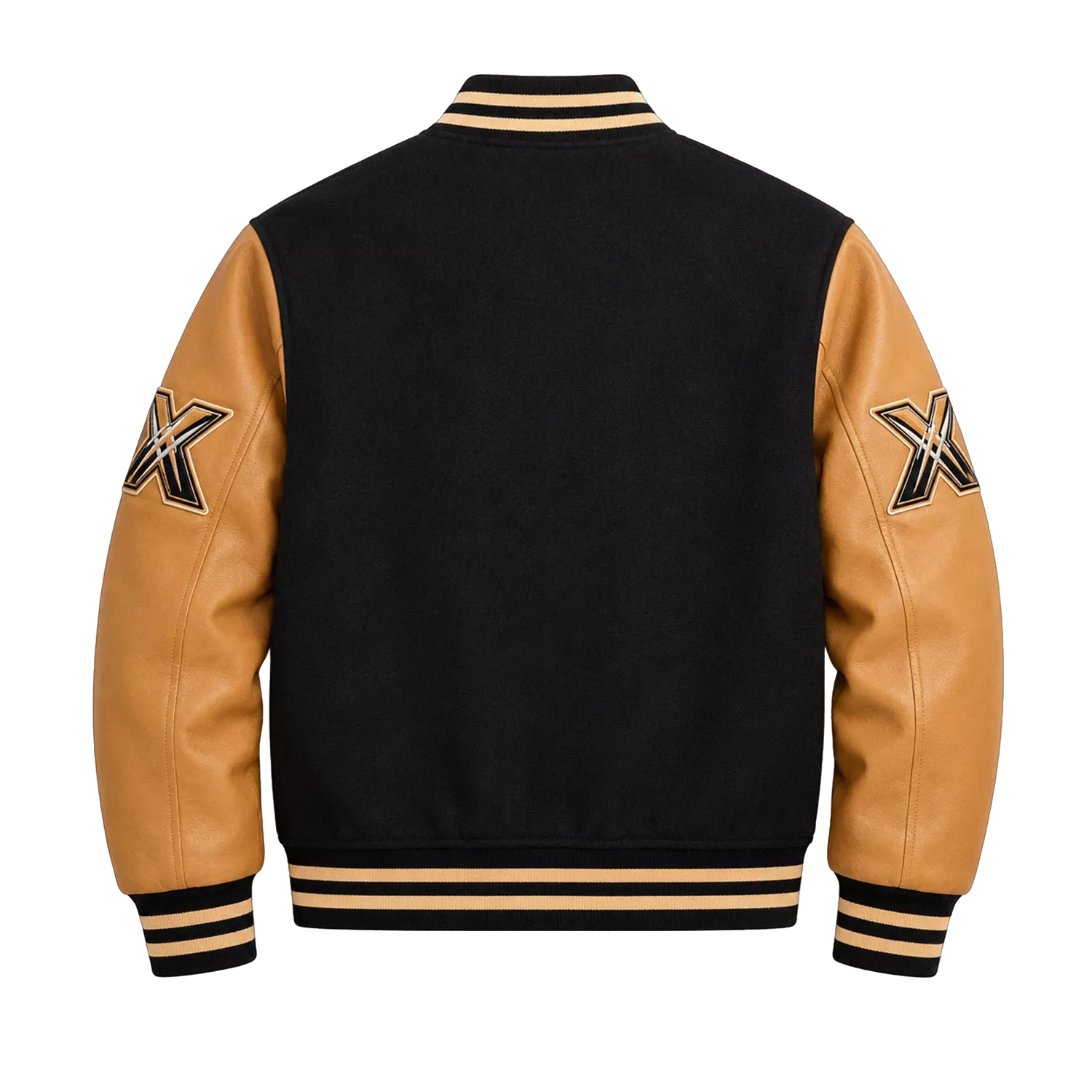 Men’s Black & Tan Varsity Bomber Jacket | Leather Sleeve Letterman Jacket