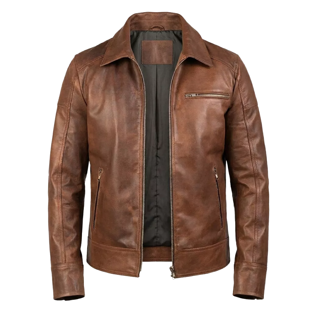 Blouson en cuir marron pour homme – Veste de motard Cafe Racer classique en cuir véritable